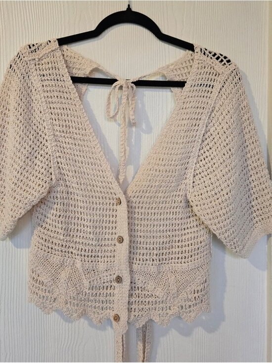 Sweaters - Crochet Button Front‎ Tie Back Cardigan Top